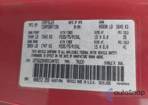 1995 Dodge Dakota z USA, uszkodzony, nr VIN 1B7GG23X9SS104721